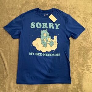 Care Bears Bedtime Bear Graphic T-Shirt Men's Medium Blue Sorry My Bed Needs Me